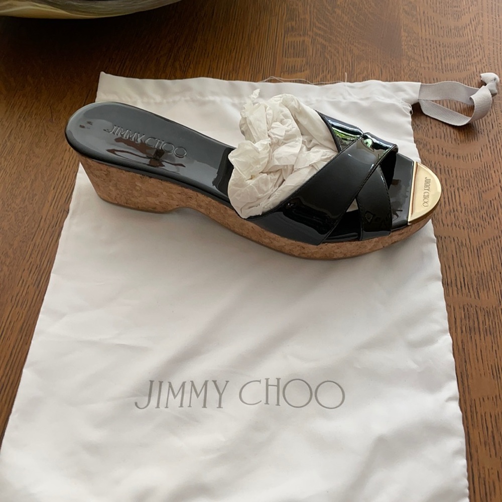 Jimmy Choo black patent leather wedge sandal